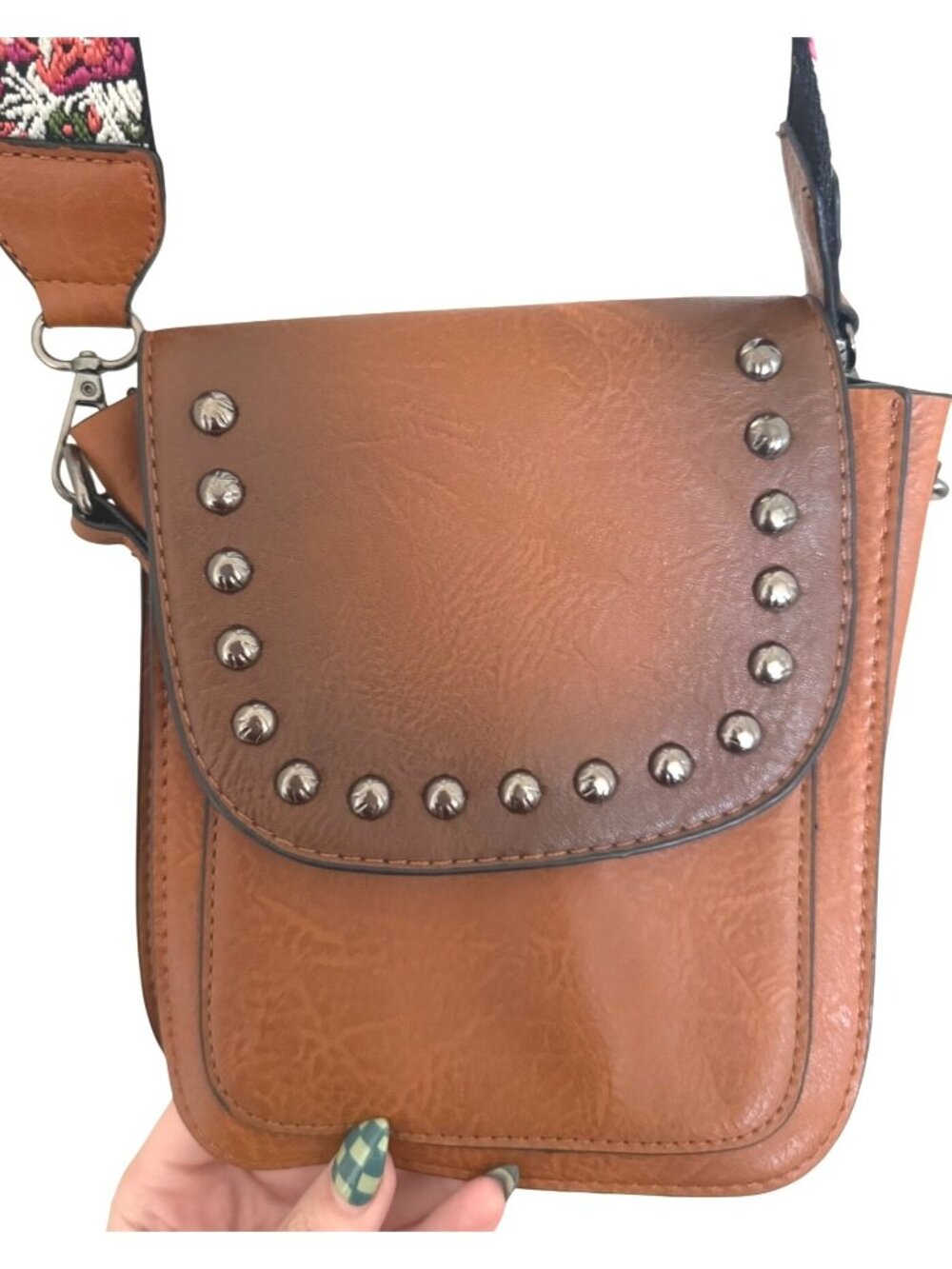Brown Faux Leather Beautiful Floral Guitar Strap Crossbody Bag With Metal Studs